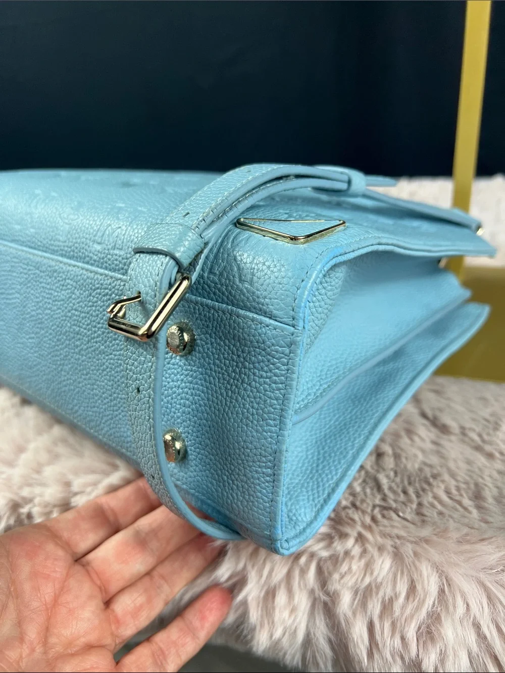 Metrocity Korean Luxury Sky Blue Debossed Leather 2-Way Tote